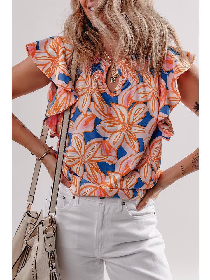 Orange Flower Print Notched Neck Ruffle Sleeve Blouse for wholesale on Faire