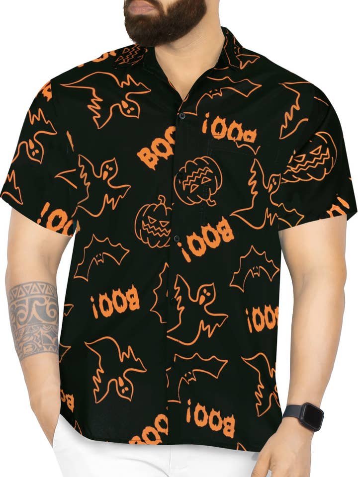 La Leela Halloween BOO Scary Ghost Printed Shirt P00108 for wholesale by LA LEELA \ HAPPY BAY