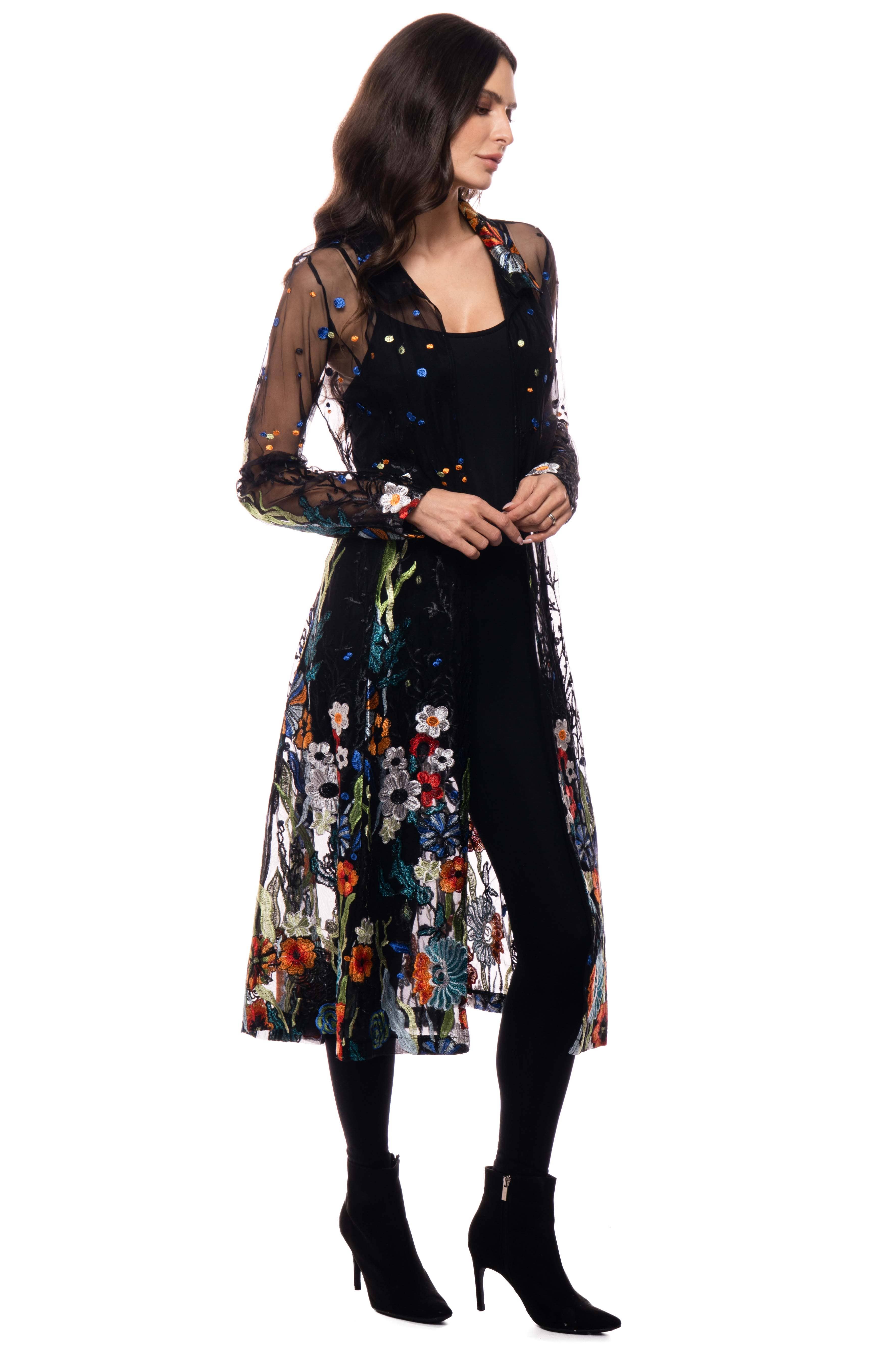 Adore - Wholesale Kimono - Women's - T417BK - Long Black Embroidered Sheer Duster3