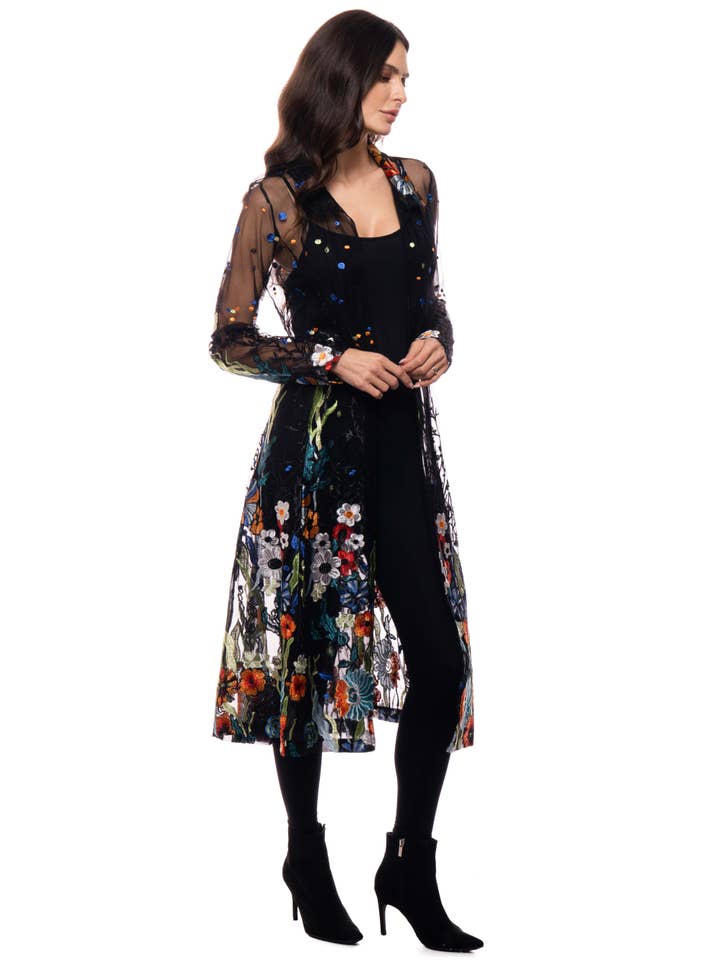 Adore - Wholesale Kimono - Women's - T417BK - Long Black Embroidered Sheer Duster3