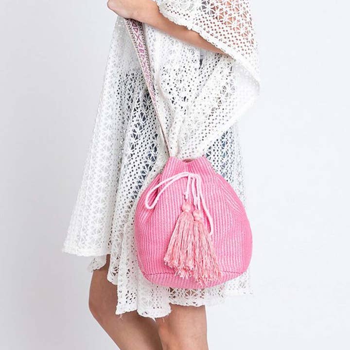 3AM BY H&D ACCESSORIES - Wholesale Crossbody Bag - Women's - SOLID BUCKET BAG WITH AZTEC STRAP