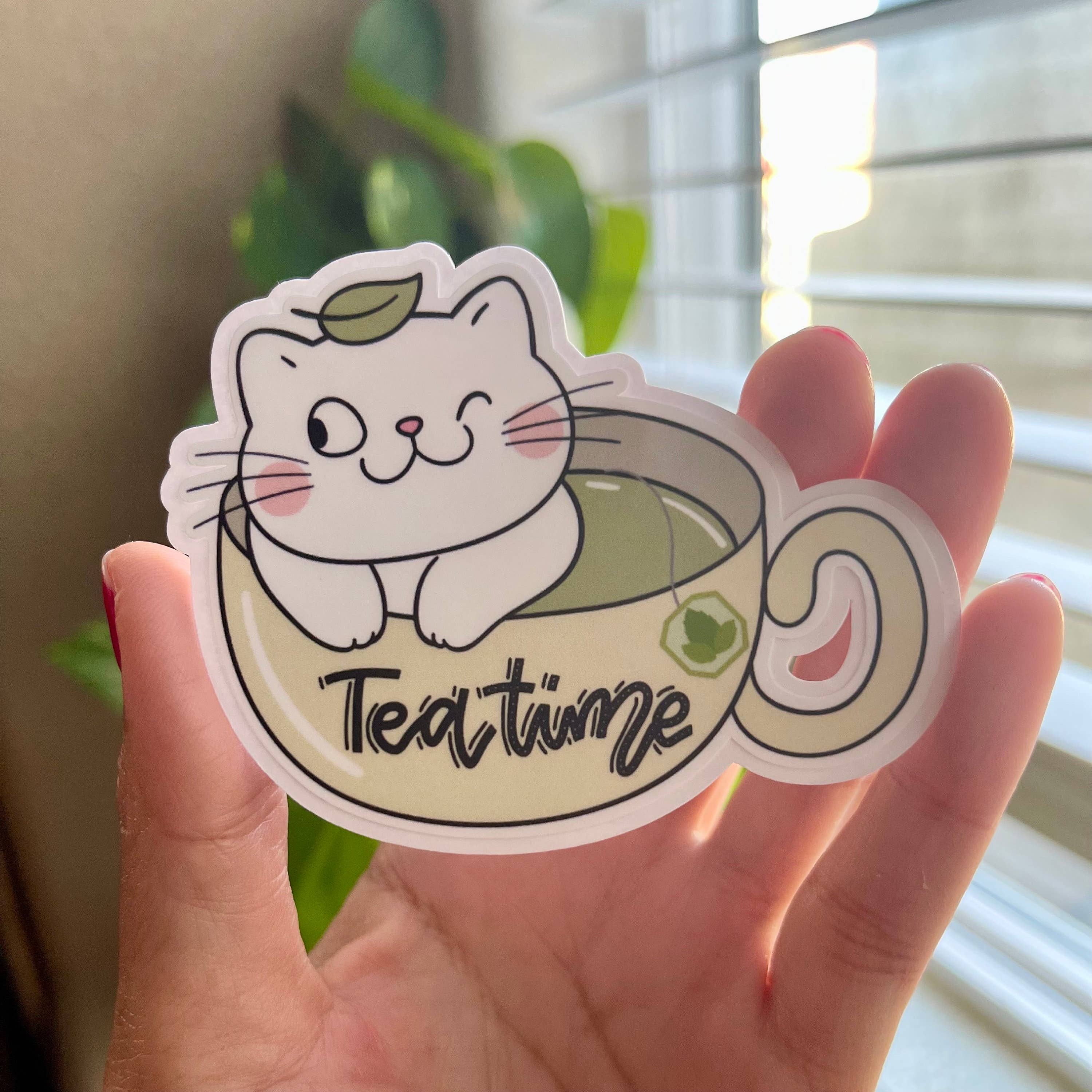 KairiCHICK Designs - Wholesale Sticker - Tea Time Tea Cup Cute Cat Matte Vinyl Die Cut Sticker5