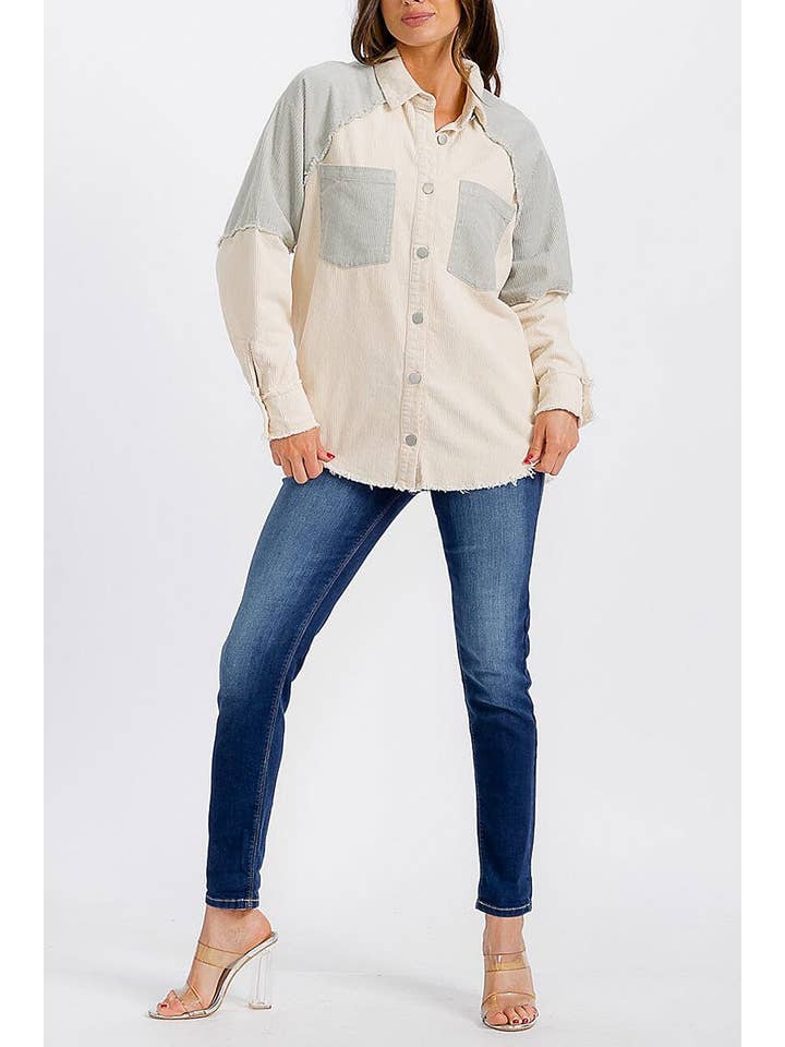 ROUSSEAU - Wholesale Shirt Jacket/Shacket - Women's - FRONT POCKET HIGH-LOW GRAPHIC CORDUROY JACKET1