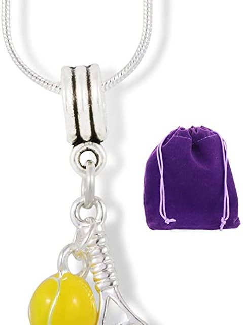 Tennis Racket (Racquet) with Yellow Tennis Ball Charm Snake Chain Necklace for wholesale by Dave The Bunny