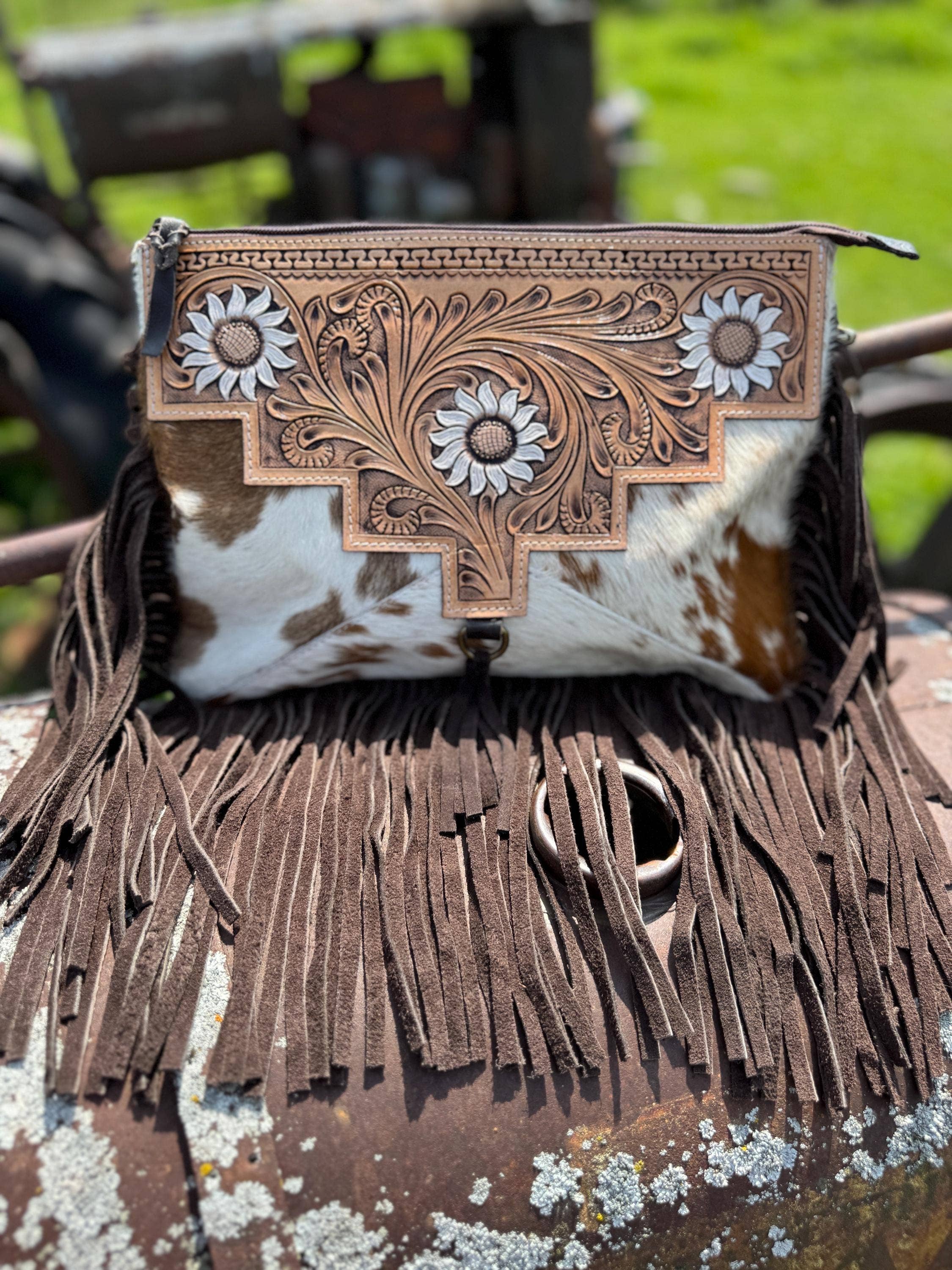 Double B Wild Rags - Wholesale Crossbody Bag - Women's - Genuine Western Cowhide Leather Purse and Clutch with white daisy floral painted details a Double B Wild Rags Exclusive4
