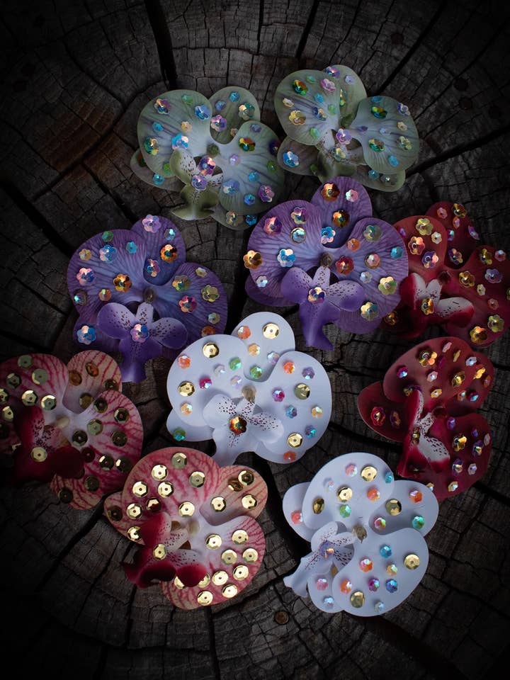 Orkidé Hårspænder - Glitrende Letvægts Orkidé Hårspænder for engroshandel hos Shutterhaus