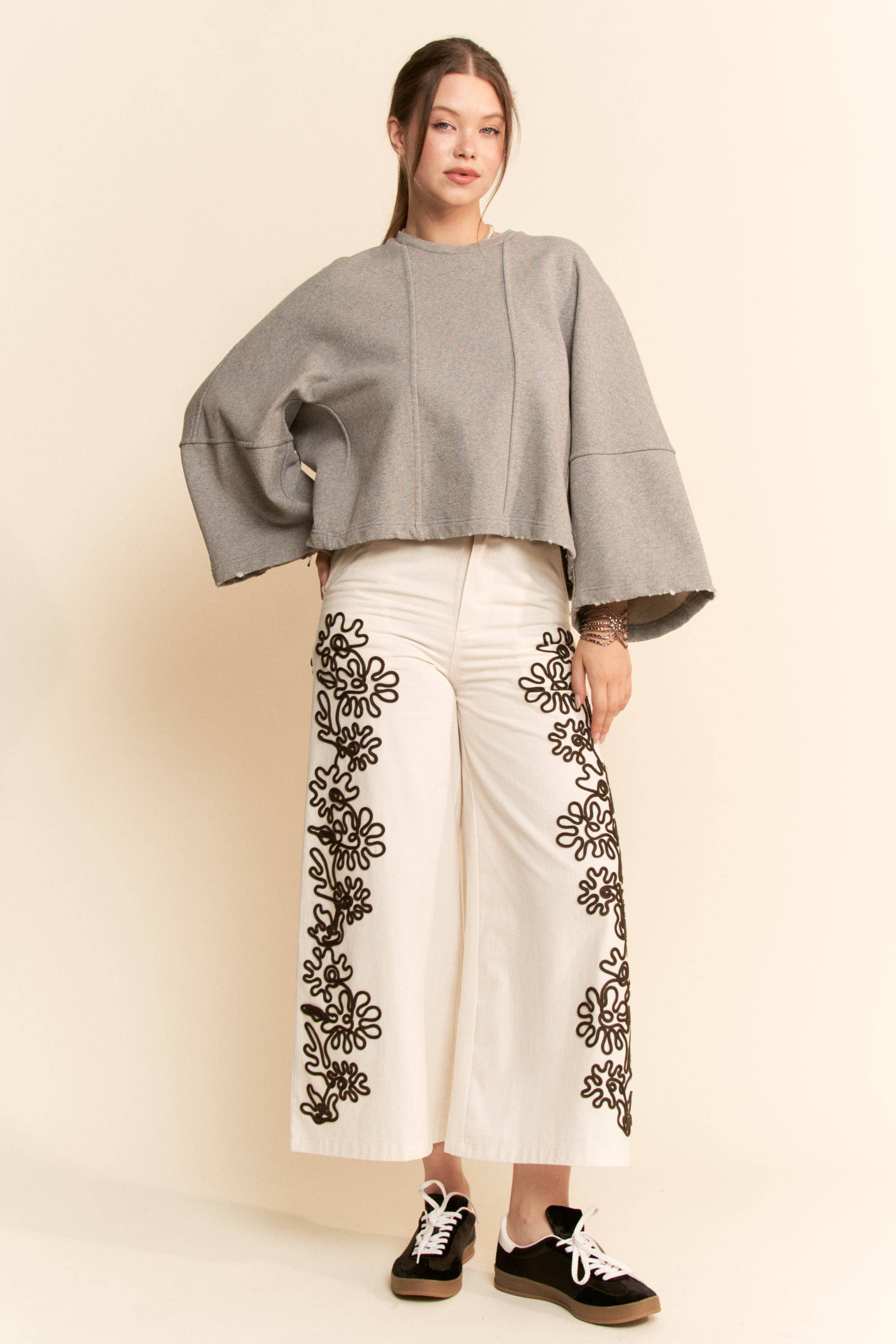 Heather Grey OVERSIZED BELL-SLEEVE RAW HEM SWEATSHIRT for wholesale on Faire6