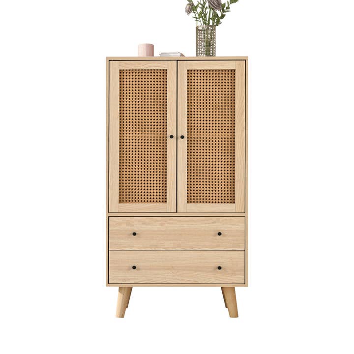 Urban Meuble - Wholesale Cabinet - Wood-effect sideboard with rattan doors and 2 drawers, solid wood legs FENMUCK12