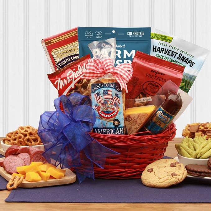 Proud To Be An American Patriotic Snack Gift Basket for wholesale by Gift Basket Drop Shipping