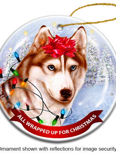 Adorno de Sib Husky, diseño de ojos azules, rojo y blanco, todo envuelto para venta al por mayor de Pet Gifts USA, LLC