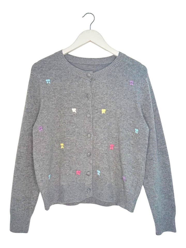 Last True Angel - Wholesale Cardigan - Women's - Wool Blend Embroided Bow Detail Cardigan in Grey