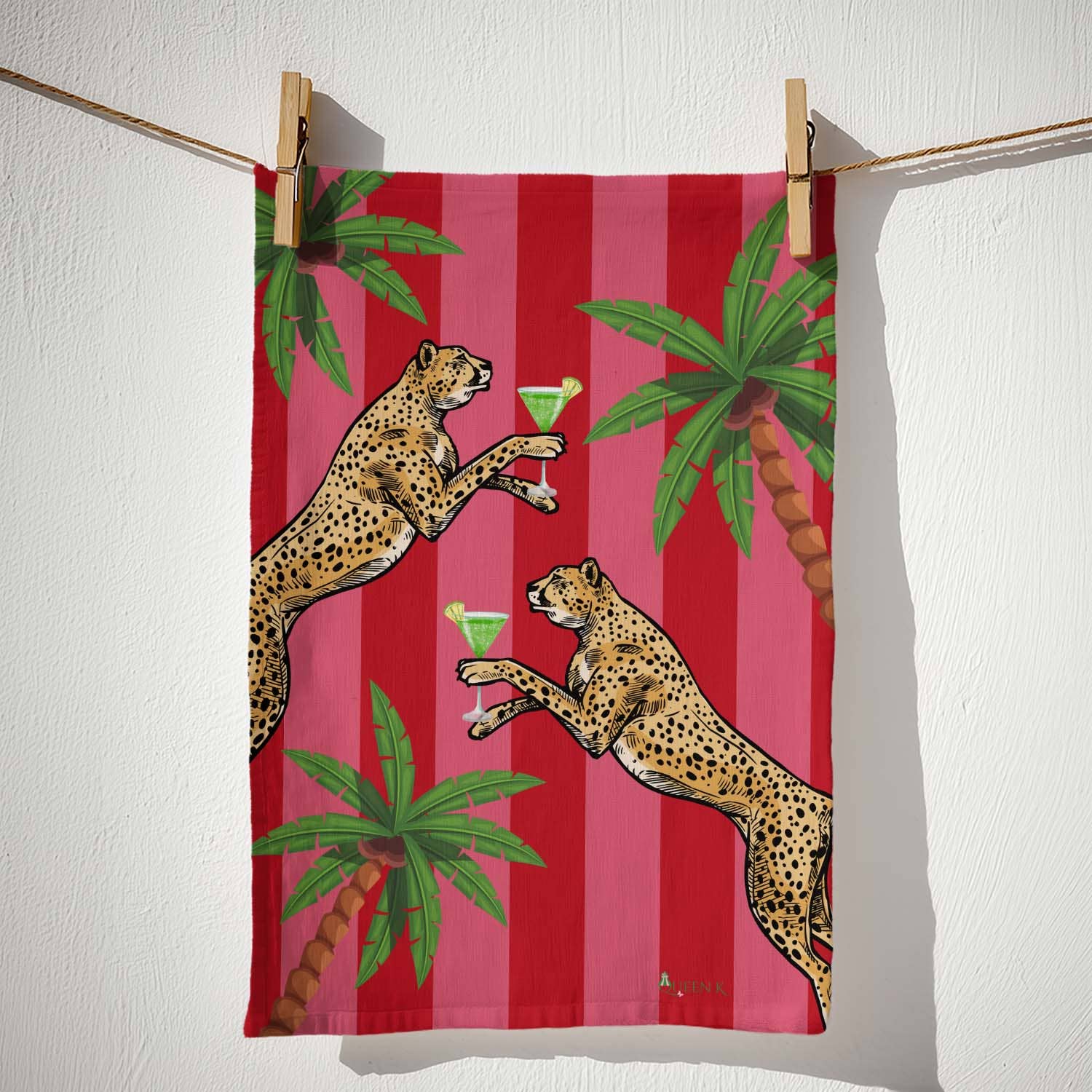 Queen K - Wholesale Tea towel - Cocktail Cheetah Red & Pink Striped 100% Linen Tea Towel4