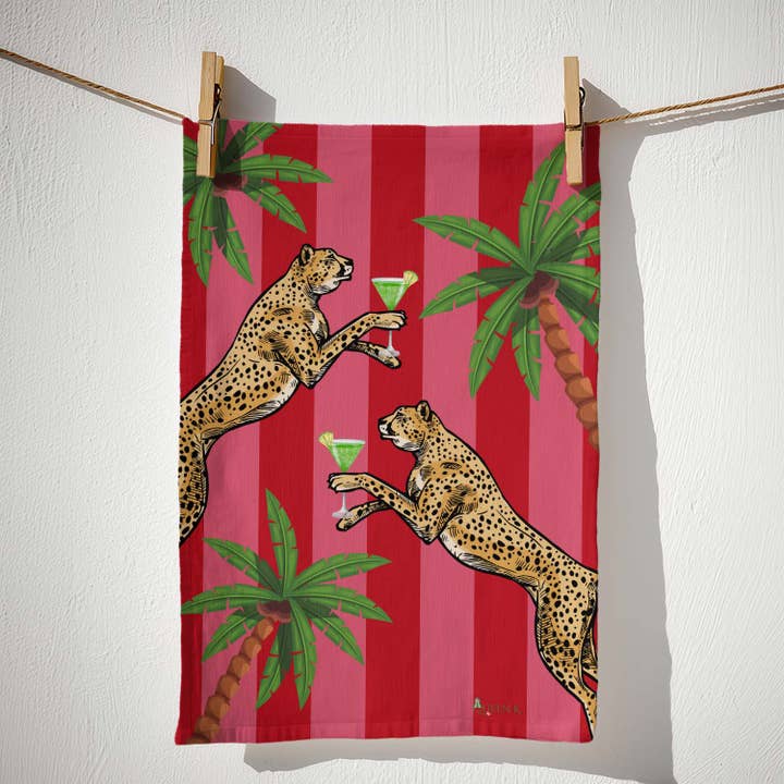 Queen K - Wholesale Tea towel - Cocktail Cheetah Red & Pink Striped 100% Linen Tea Towel4