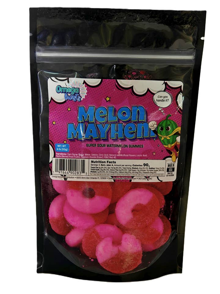 🍉 Omega Bursts Melon Mayhem – Super Sour Watermelon Gummy Rings (6 oz) for wholesale by Omega Bursts
