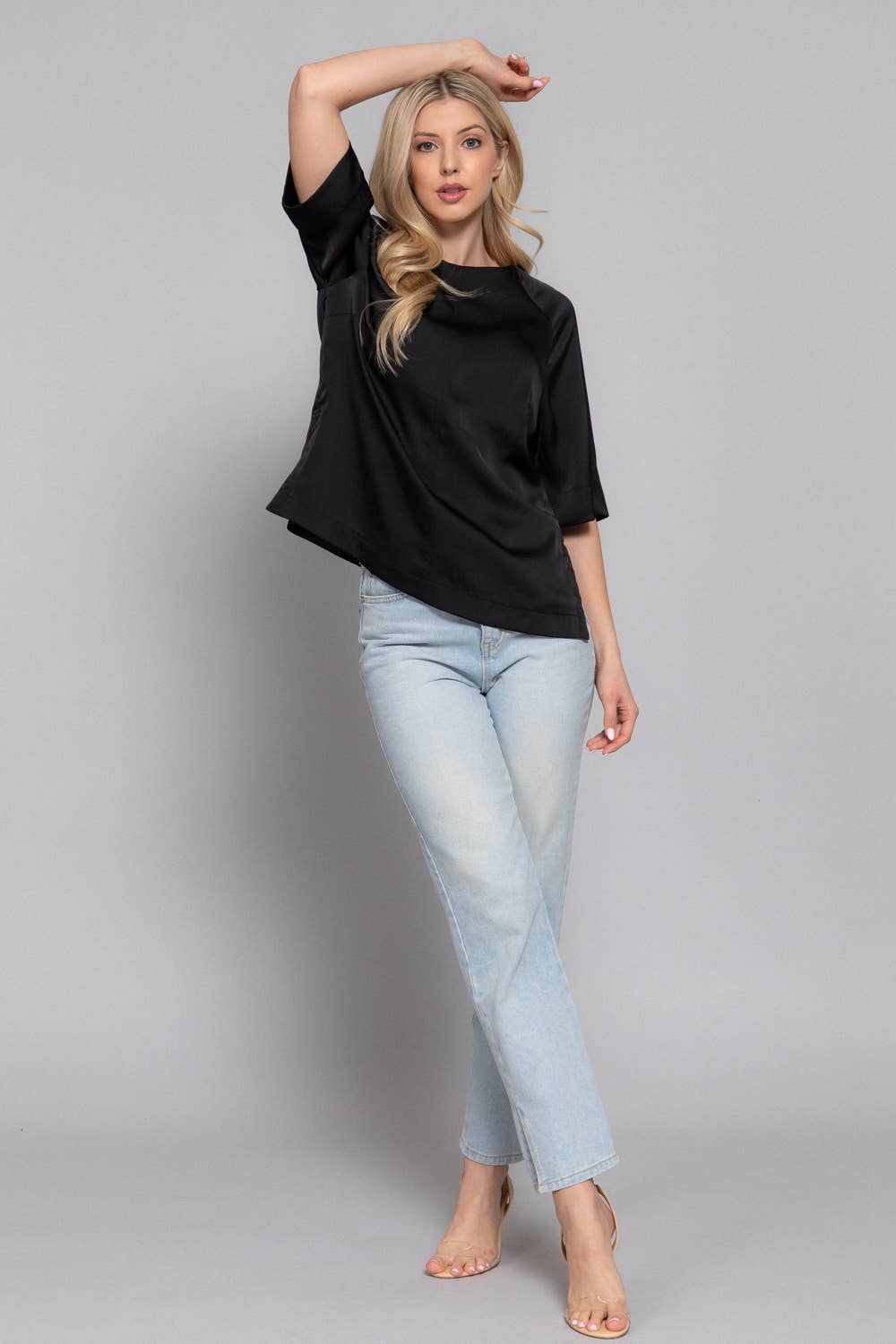 Active Basic | Active USA - Wholesale Blouse - Women's - Raglan Elbow Sleeve Side Slit Back Closure Satin Blouse4