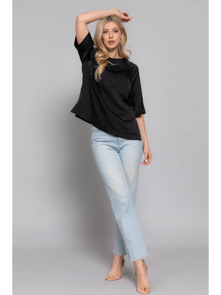 Active Basic | Active USA - Wholesale Blouse – Women’s - Raglan Elbow Sleeve Side Slit Back Closure Satin Blouse4