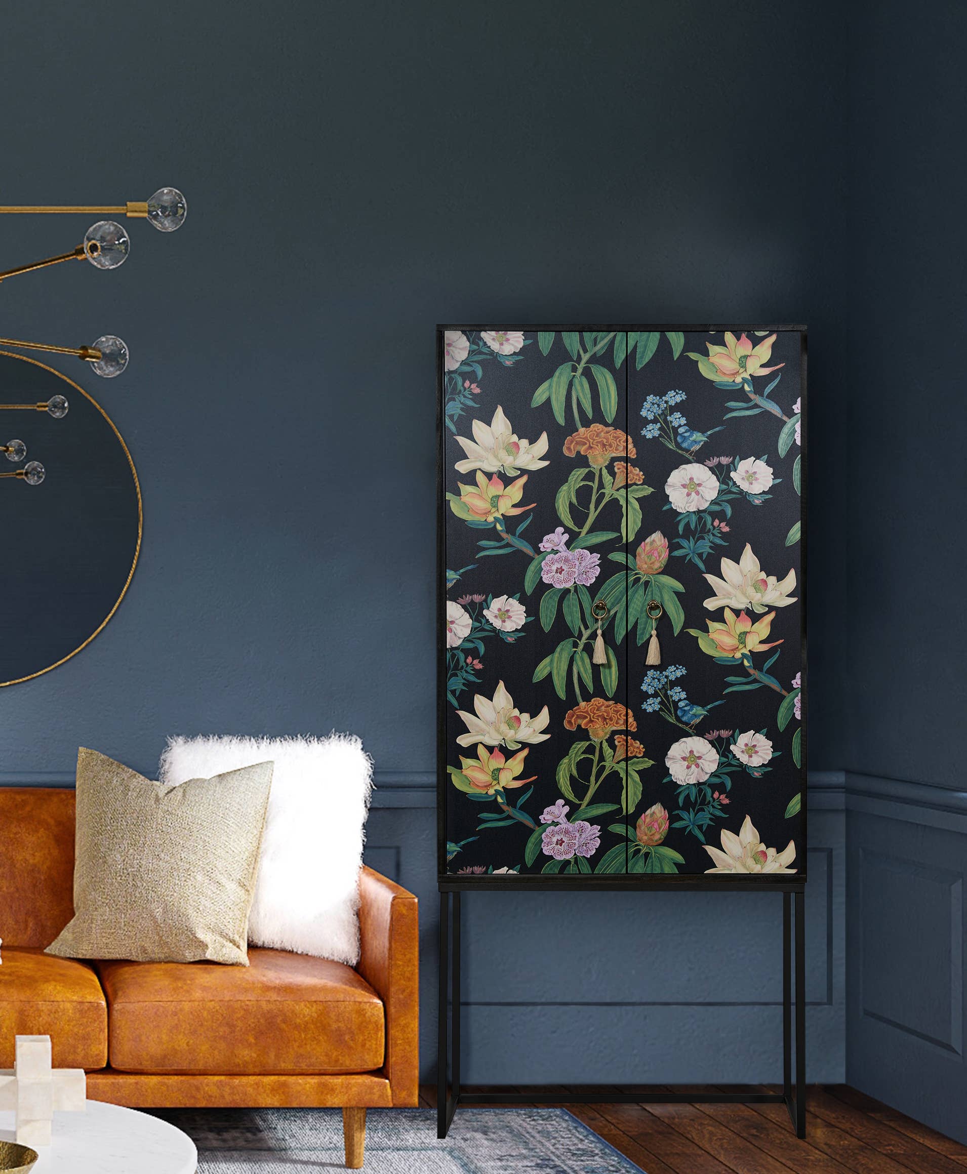 Really Nice Things - Wholesale Cabinet - Black floral printed MDF sideboard cabinet with 2 doors2