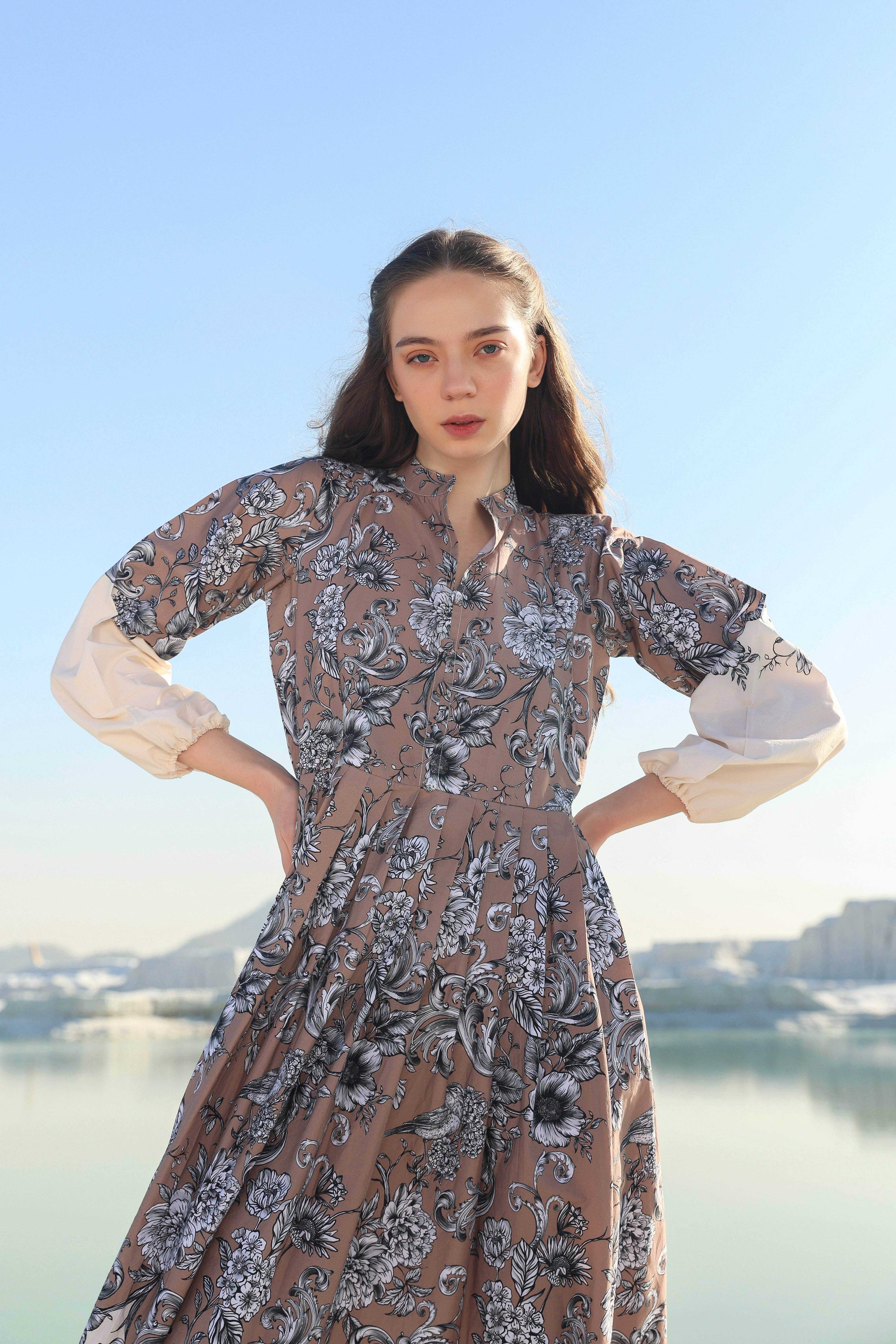 Brown Cocoa floral tier Midi dress for wholesale on Faire2