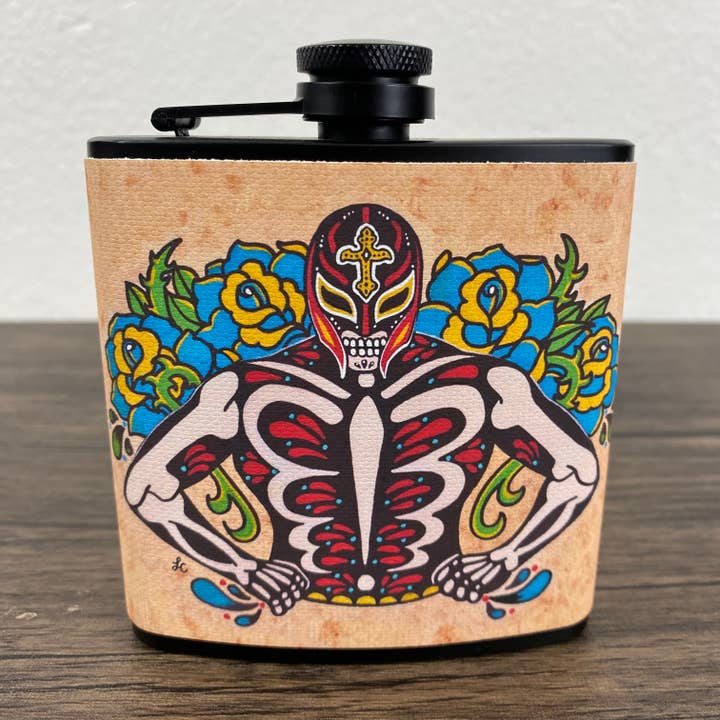 Luchador-Flachmann Día de los Muertos Wrestler 6 Oz, Schwarz, Edelstahl mit Trichter für den Großhandel von Illustrated Ink