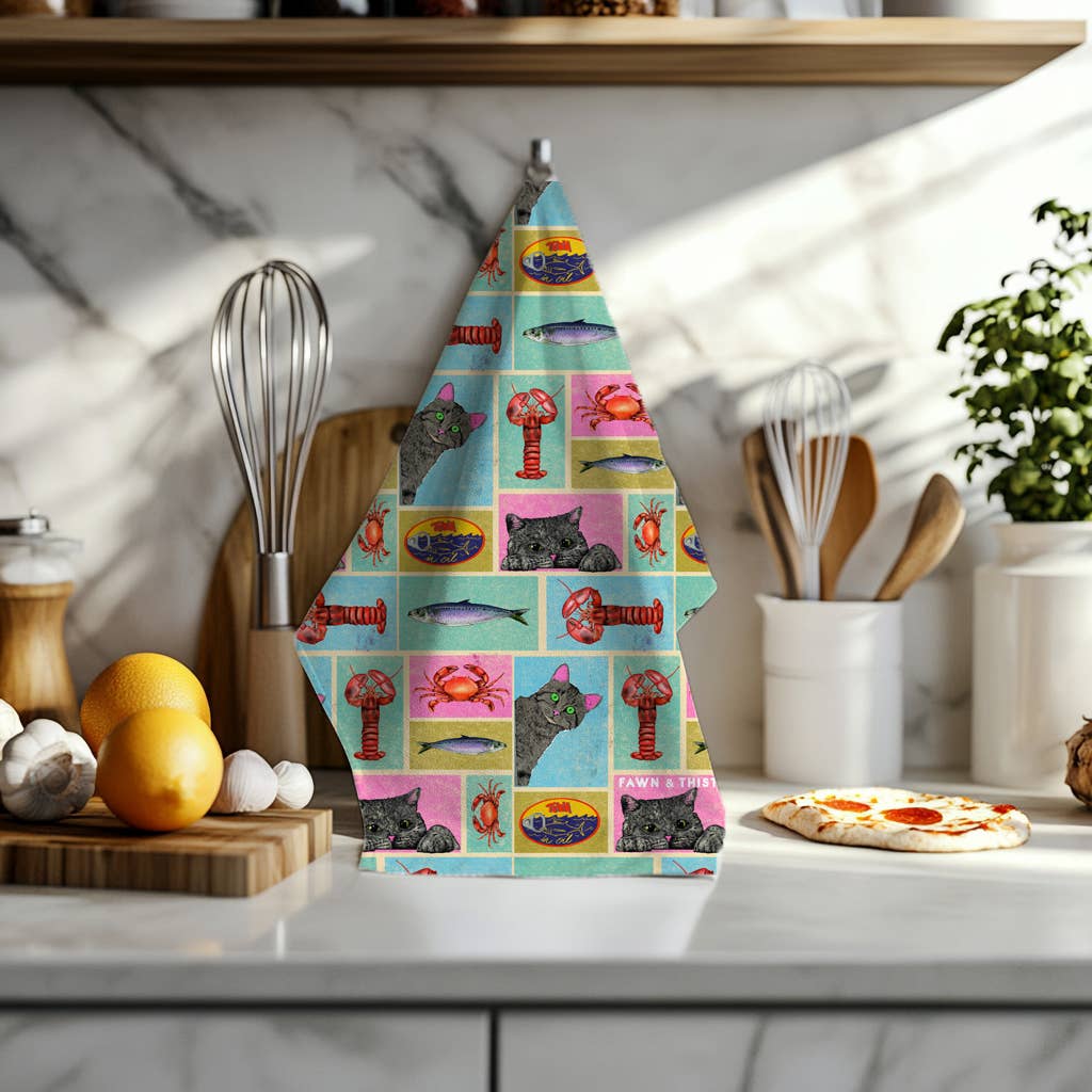 Fawn & Thistle Ltd (US Duties Paid) - Wholesale Tea towel - Cat's Kitchen Tea Towel | 100% Cotton Dish Towel | Sardines5