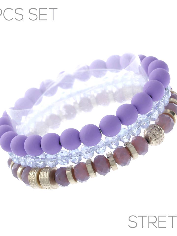 3pcs, 8MM Rubber Bead, Glass & Metal Bead Stretch Bracelet for wholesale by Suzie Q USA