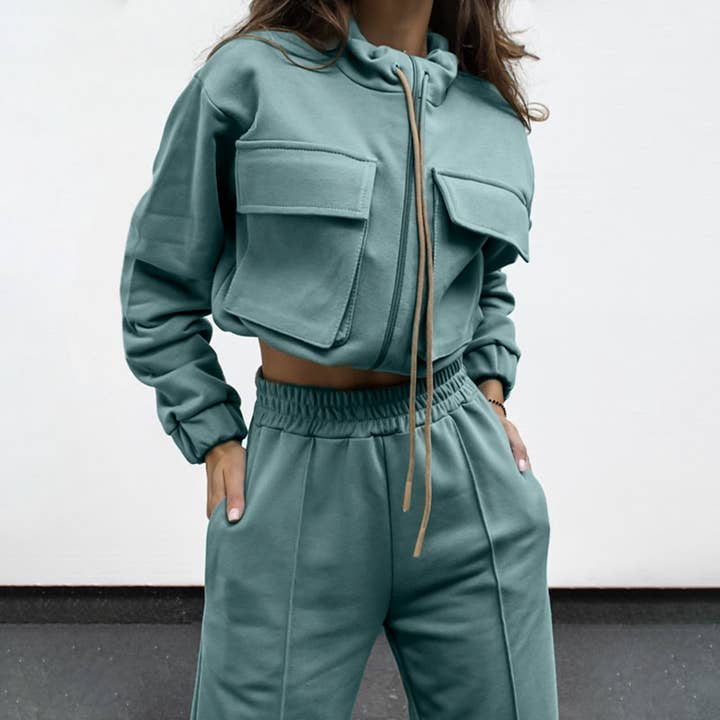 HIDDENBRAND - Wholesale Lounge Set - Women's - Drawstring zip-up sweatshirt & pant 2 piece set outfits