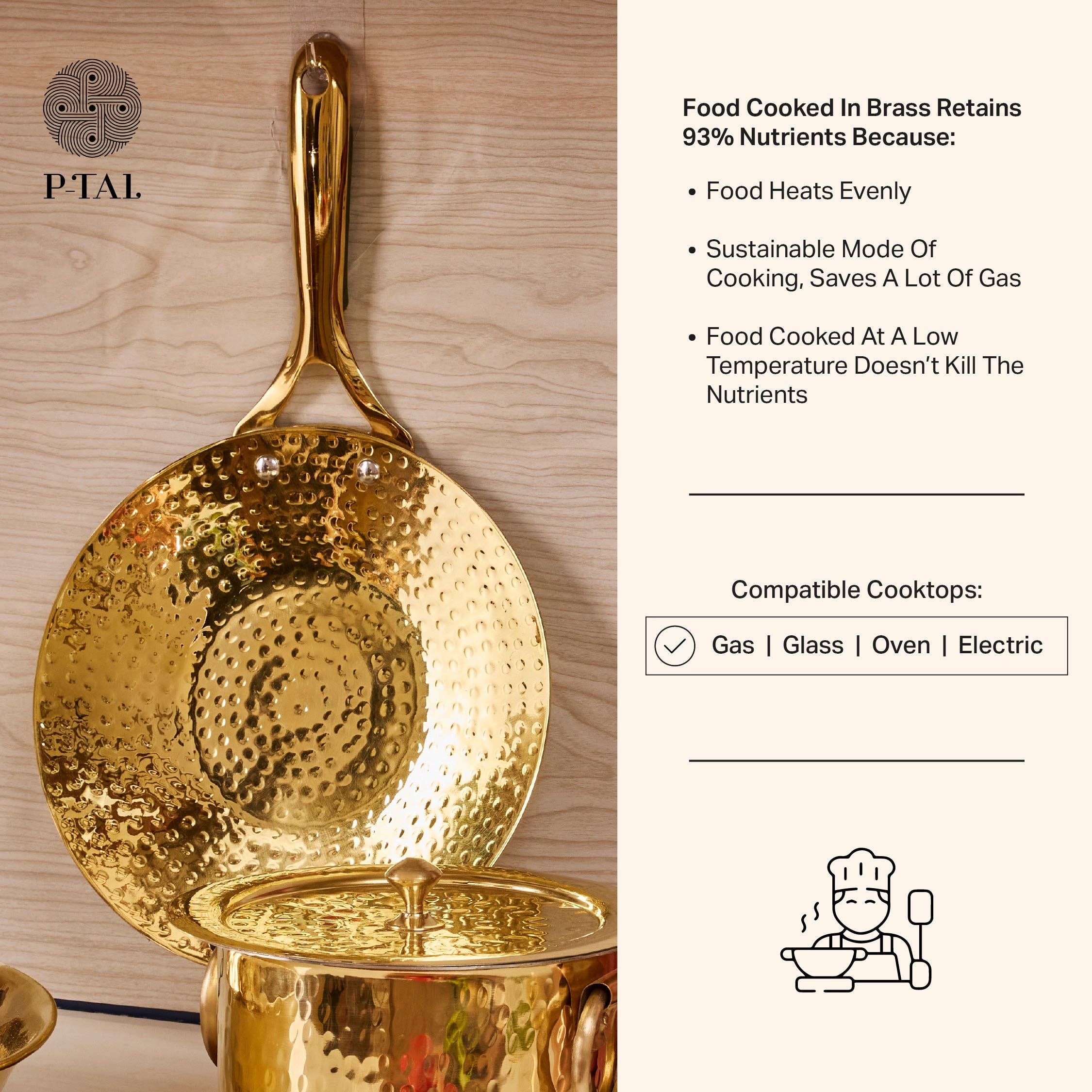 P-TAL – wholesale Cookware set – Brass Essentials Combo Set (Brass Roti Tawa with Insulated handle, Brass Ghee Pot, Brass Kadhai with Insulated handles & Glass lid)7