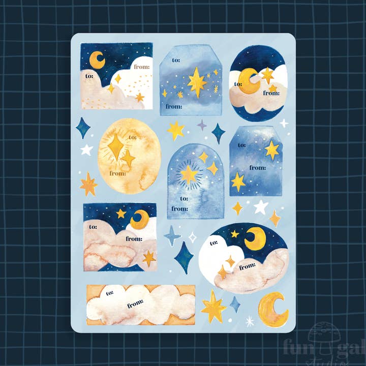 Lune & Étoiles - Étiquettes-cadeaux Autocollantes de Fête pour la vente par Fun Gal Studio