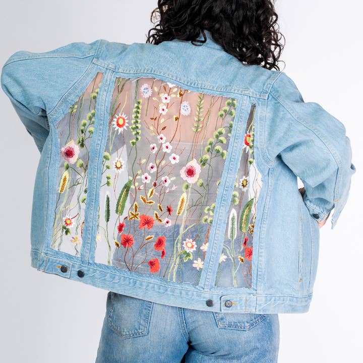 The White Floral Half Lace Denim Jacket for wholesale by Dragon Denim