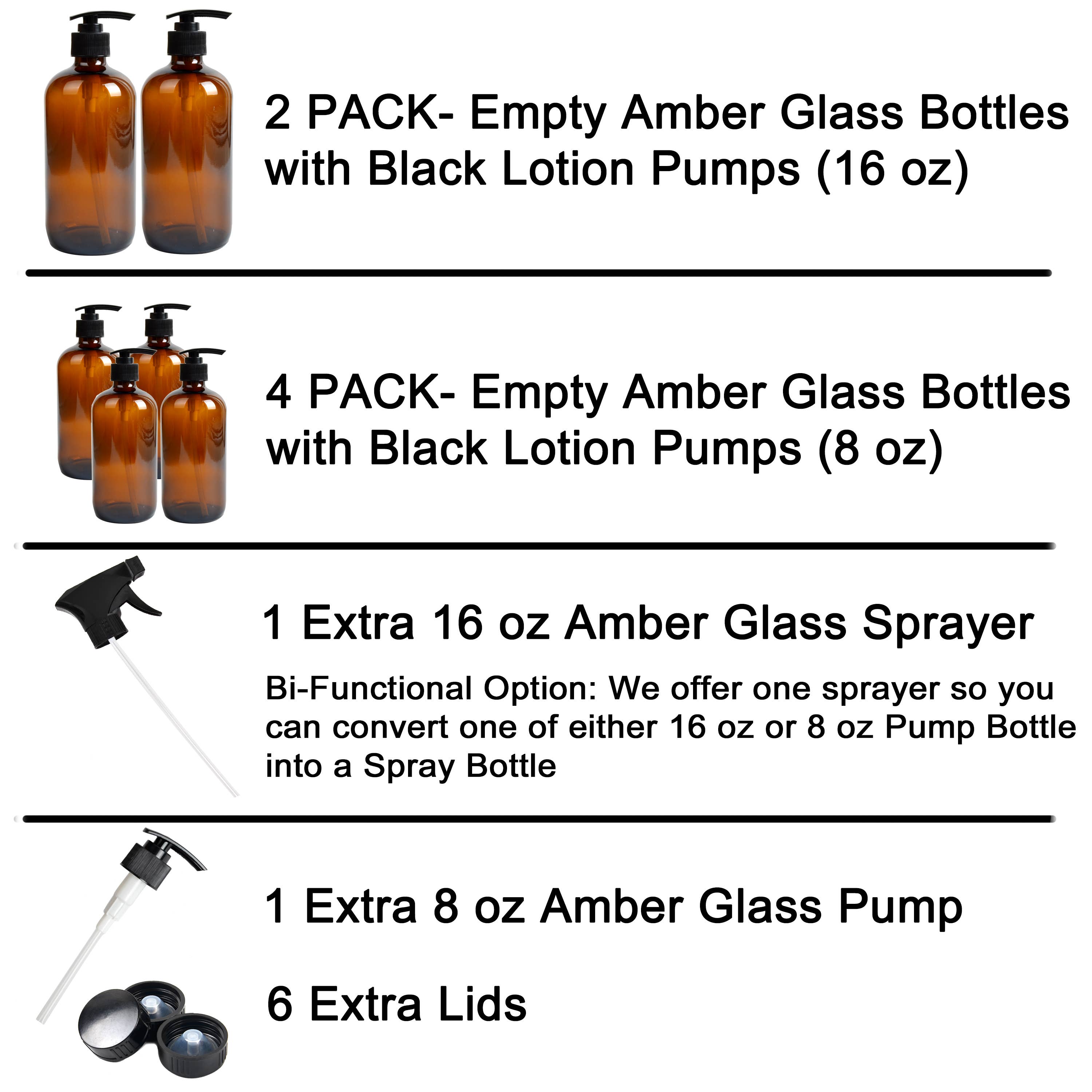 Youngever - Wholesale Spray Bottle - Youngever 6 Pack 16OZ 8OZ Empty Glass Pump Bottles - Amber3