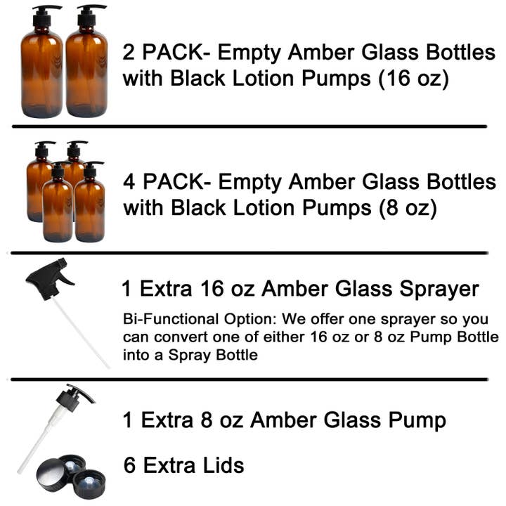 Youngever - Wholesale Spray Bottle - Youngever 6 Pack 16OZ 8OZ Empty Glass Pump Bottles - Amber3
