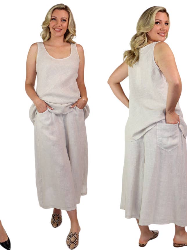 2 STCK. Culotte-Hosen-Set aus Leinen, Crop-Hosen-Set aus Leinen mit weitem Beinschnitt für den Großhandel von LINEN AND GAUZE