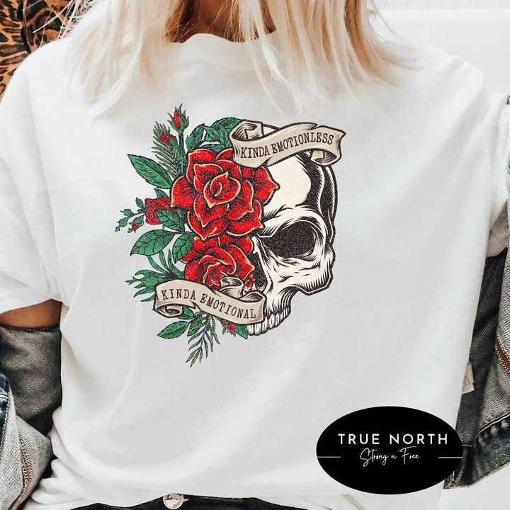 STRONG N FREE CDN - Wholesale Graphic Sweatshirt - Women's - Floral Skull Sweatshirt, Kinda Emotional Sweater