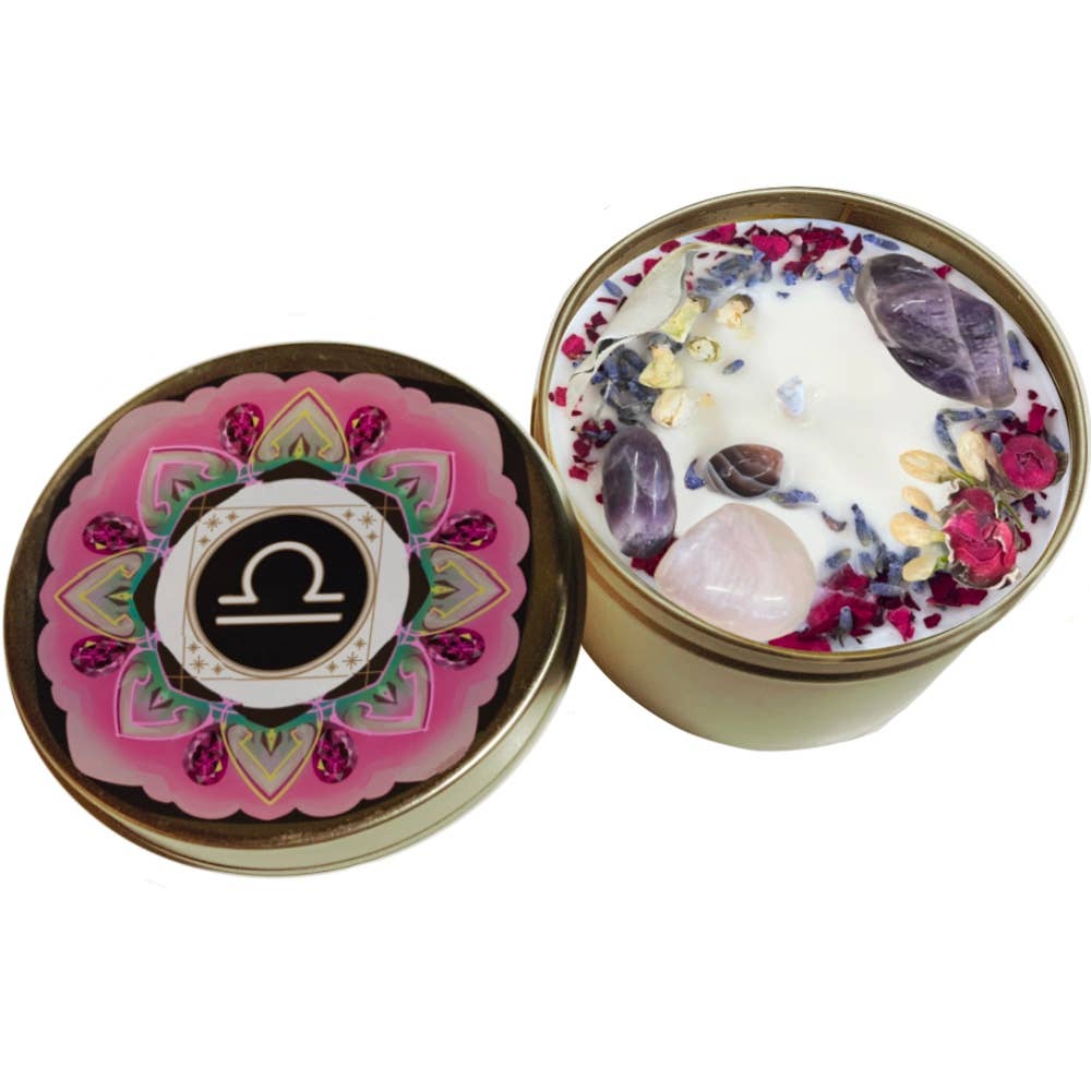 Namaste Home – Engroshandel Rejsestearinlys – Libra krystallys, stjernetegnslys med ædelsten og urter6