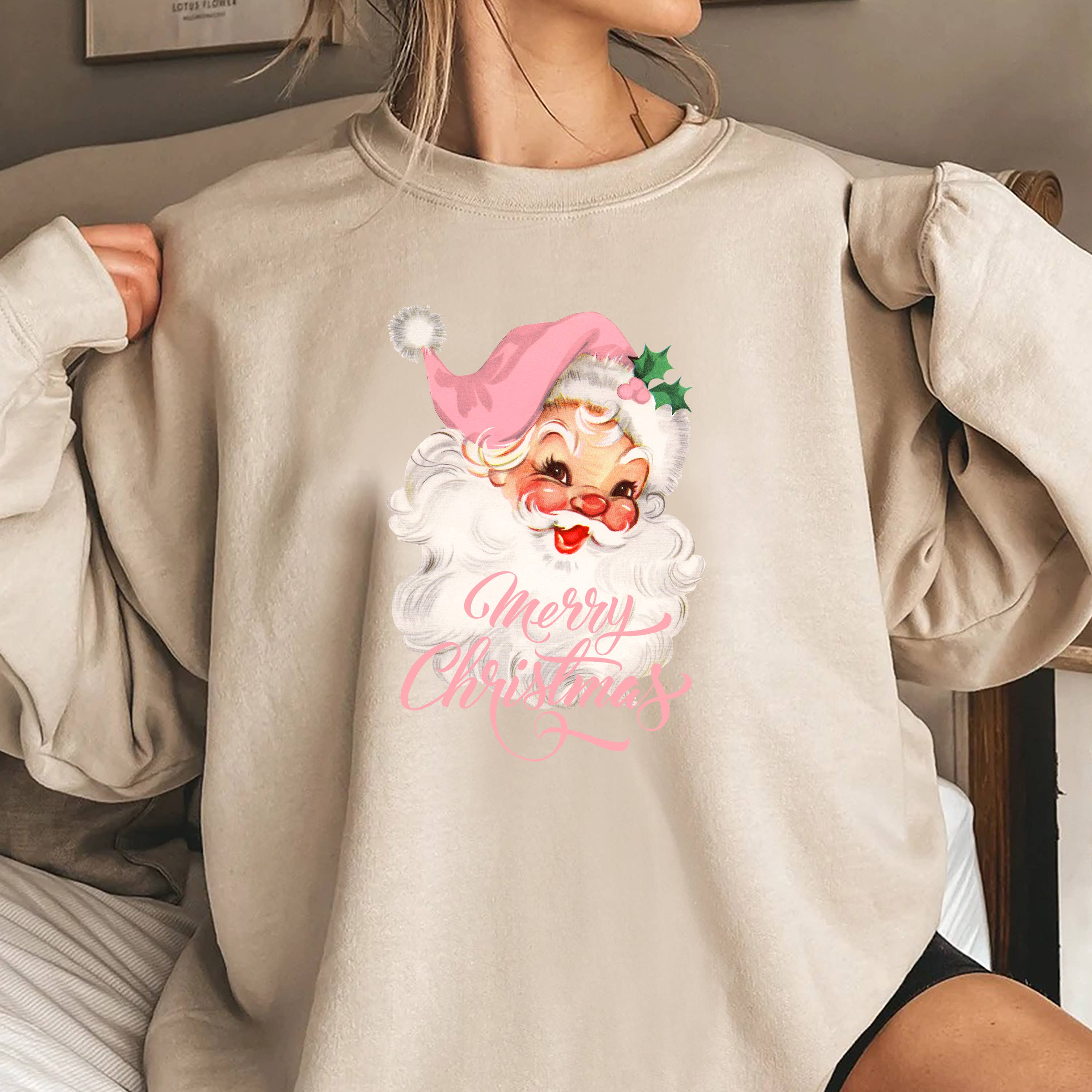 STARCHIS – Großhandel Sweatshirt mit Grafikdruck – Damen – Frohe Weihnachten Vintage-Weihnachtsmann rosa4