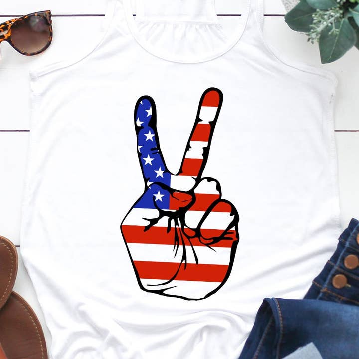 American Flag Peace Sign Hand Patriotic July Flowy Tank Top for wholesale by Kissed Apparel
