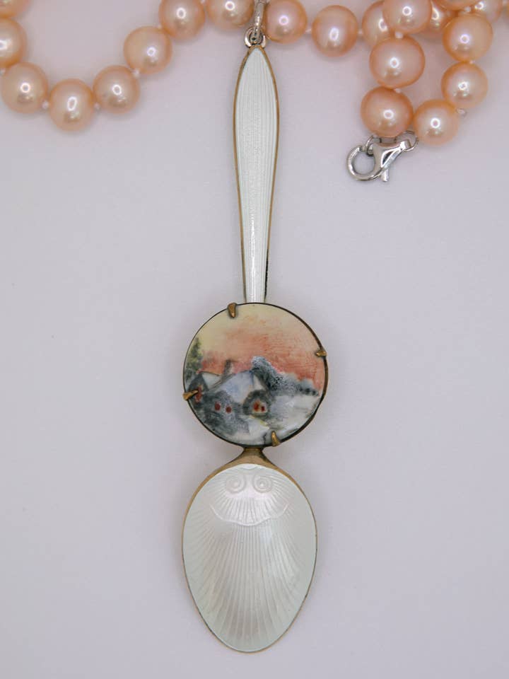 White spoon with sterling brooch and pink pearls. (Necklace) for wholesale by DecoFiniti LLC