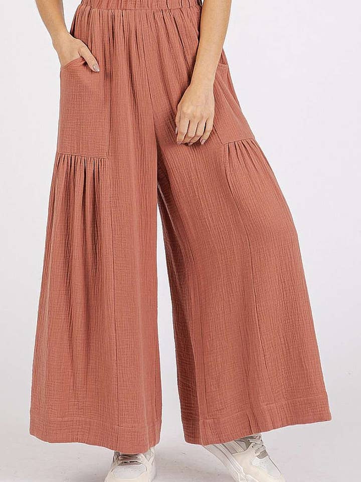 PANTALONES ANCHOS CON PLIEGUES EN LA CINTURA ELÁSTICA DE GASA para venta al por mayor de mittoshop