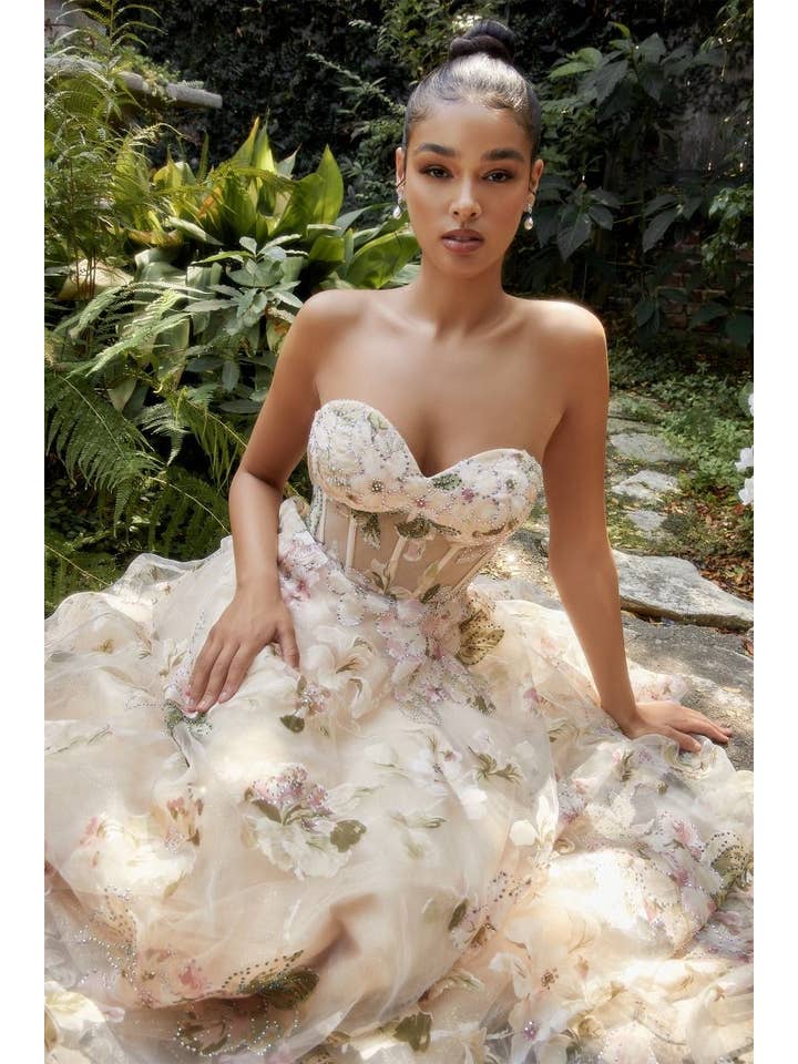 Champagne Magnolia Corset Printed Gown for wholesale on Faire