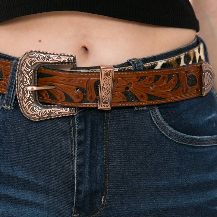 Leather Impressions Inc - Wholesale Belt - Women's - Mixed media leopard print tooled leather belt #ABB 001
