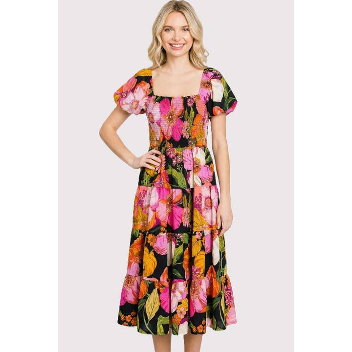 Corsage smocké, robe midi imprimée à fleurs à volants superposés pour la vente par STACCATO