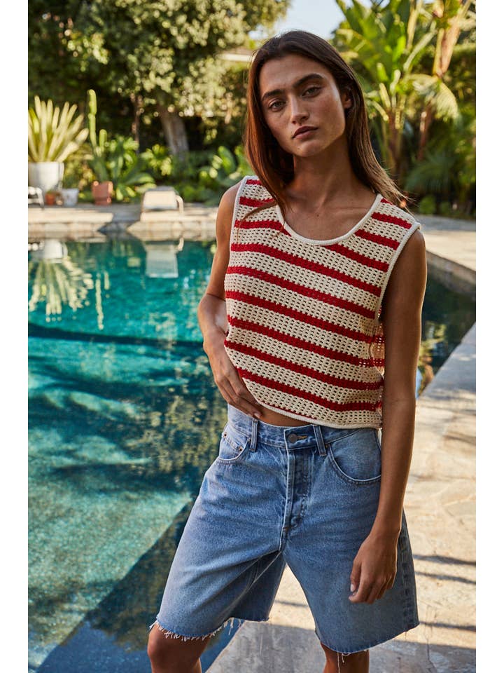 Natural Red L8167 | Knit Cotton Polyester Striped Sleeveless Top for wholesale on Faire