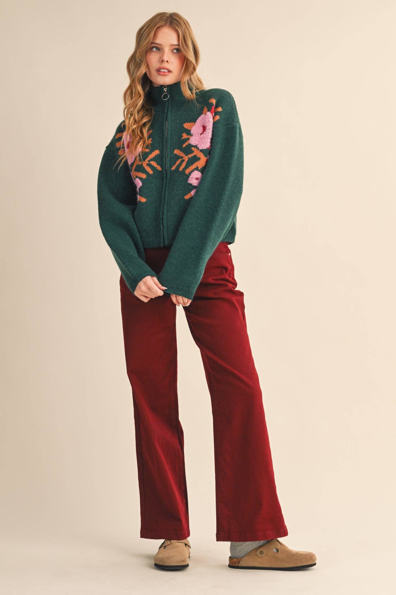 &MERCI - Wholesale Cardigan - Women's - FLORAL ZIP UP SWEATER CARDIGAN MSW1118861