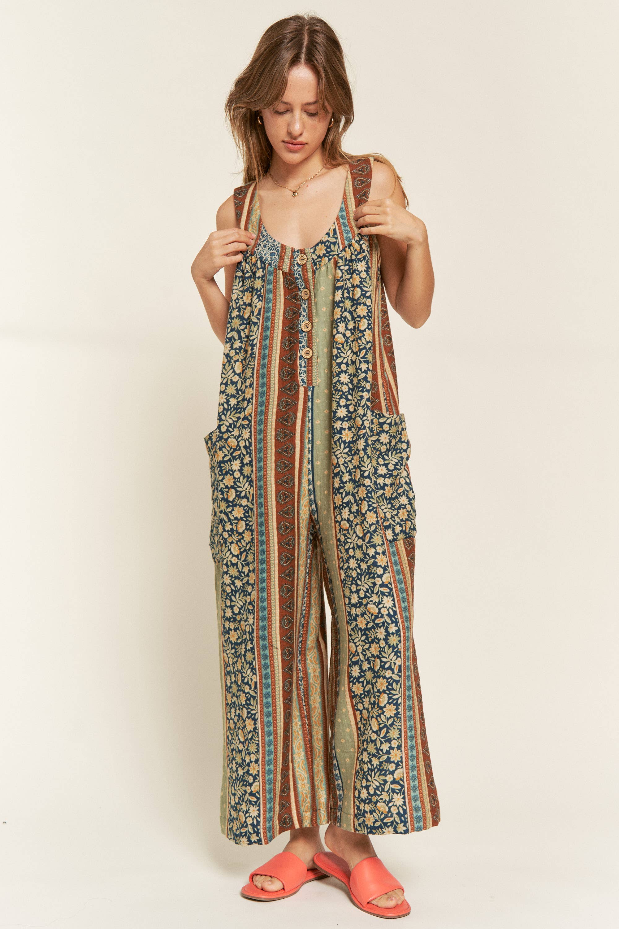 JADE BY JANE – Engroshandel Jumpsuit - Dame – ÆRMELØS FARVEBLOK BLOMSTERPRINT JUMPSUIT MED LIGE BEN10