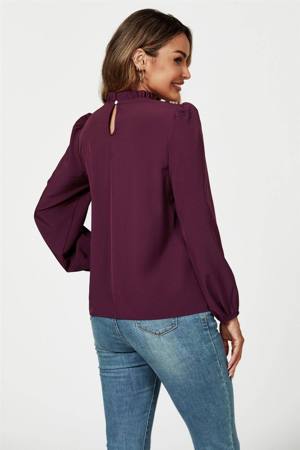 Frill Detail High Neck Top In Plum for wholesale on Faire1