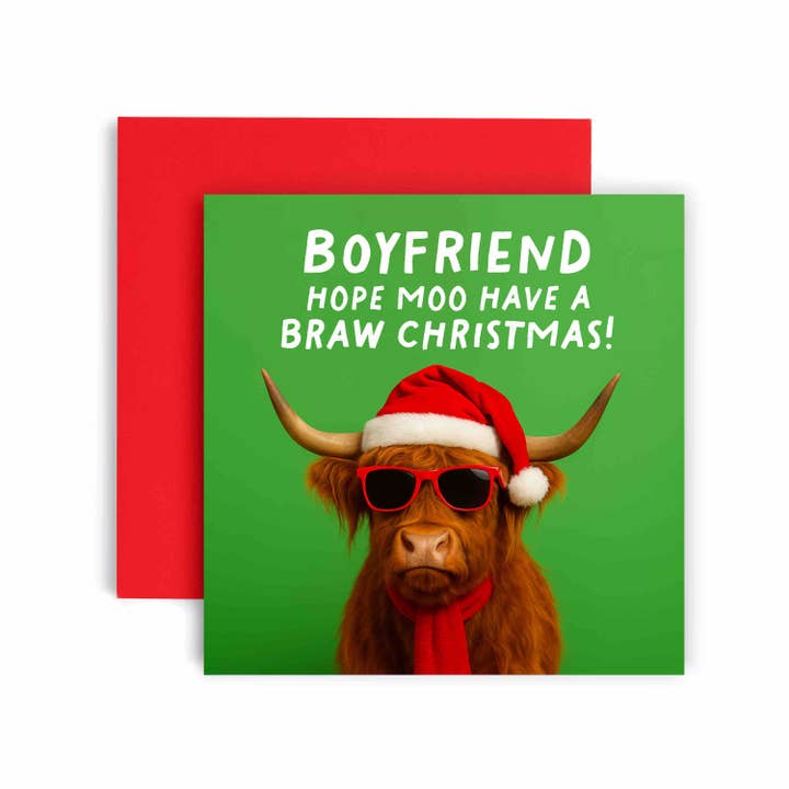 Braw Cow Scottish Christmas Card Boyfriend for wholesale by Huxters