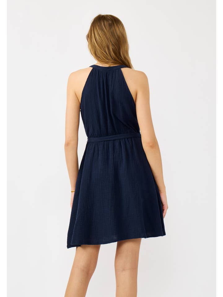 Midnight Sleeveless Button-Front Mini Dress with Waist Tie for wholesale on Faire2