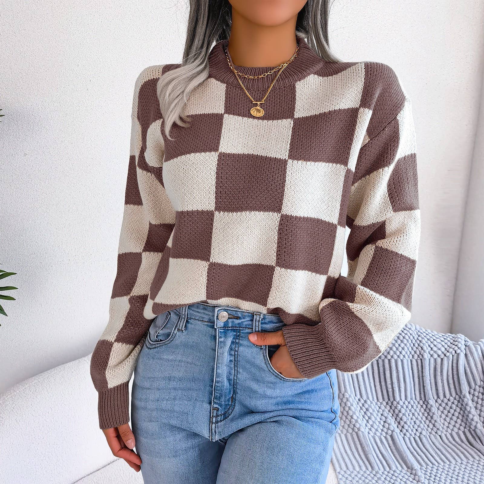 Hope & Sunshine - Wholesale Knit Sweater - Women's - Colorblock Plaid Knit Sweater For Women6