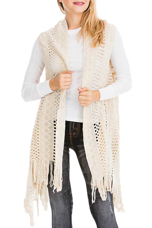 Cap Zone - Vendita all'ingrosso Gilè imbottito - Donna - Gilet lungo cardigan lavorato a maglia con frange lavorate all'uncinetto8