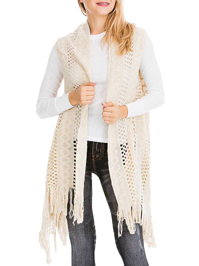 Cap Zone – Colete - Mulher por atacado – Cabo Crochet malha franja guarnição Cardigan Long Vest2